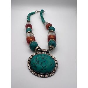 Bohemian Faux Turquoise Statement Necklace Orange Foil Glass Beads Silver Tone
